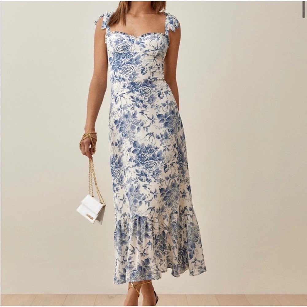 NWOT Reformation Nikita Midi Dress in Pompadour Blue Toile Floral Tie Straps - 6